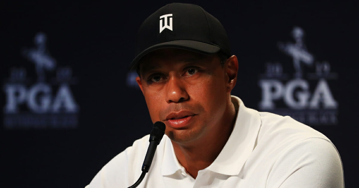 Tiger Woods speaks to the media during a news conference May 14, 2019, prior to the PGA Championship at Bethpage Black.