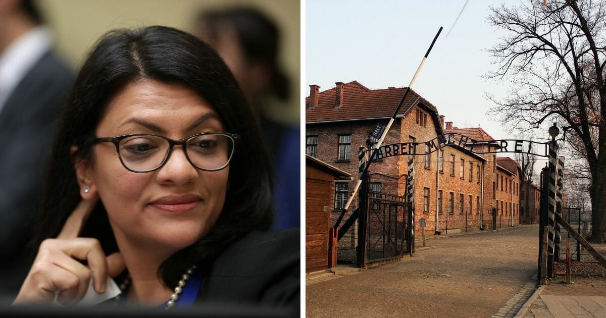 Rep. Rashida Tlaib opposite the front gate of Auschwitz