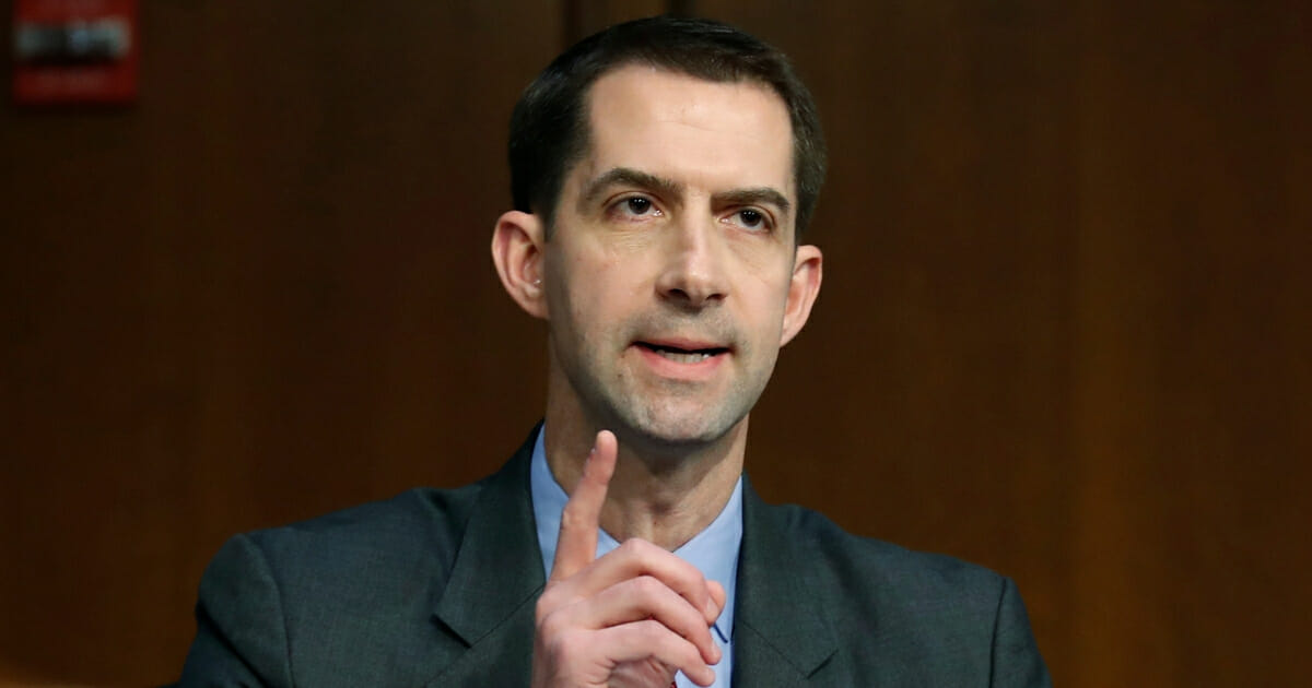 Sen. Tom Cotton interrupts a fellow senator during a confirmation hearing of the Senate Intelligence Committee in Washington, D.C., on May 9, 2018.