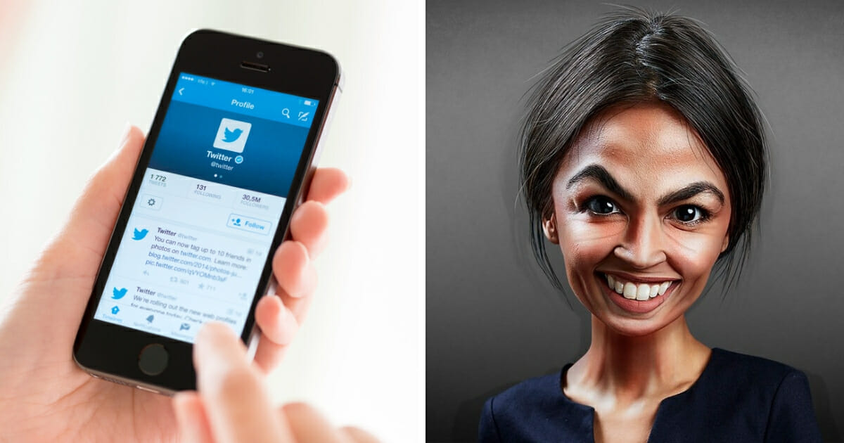phone with Twitter profile opposite a caricature of Alexandria Ocasio-Cortez