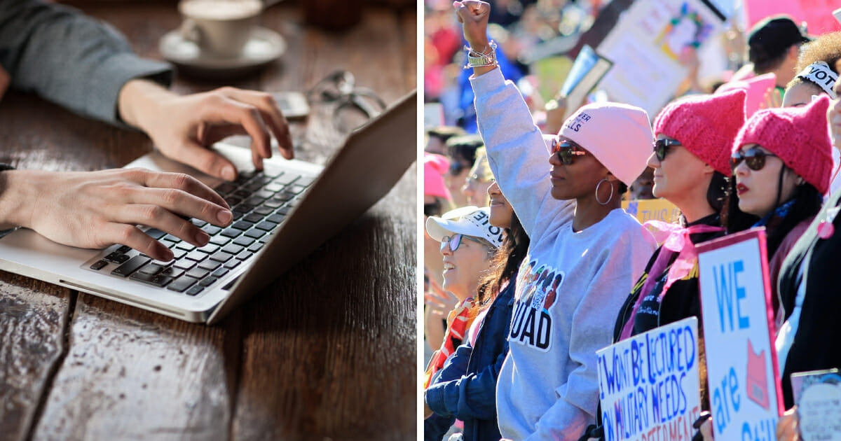 Man writing at keyboard, left; liberal protesters, right.