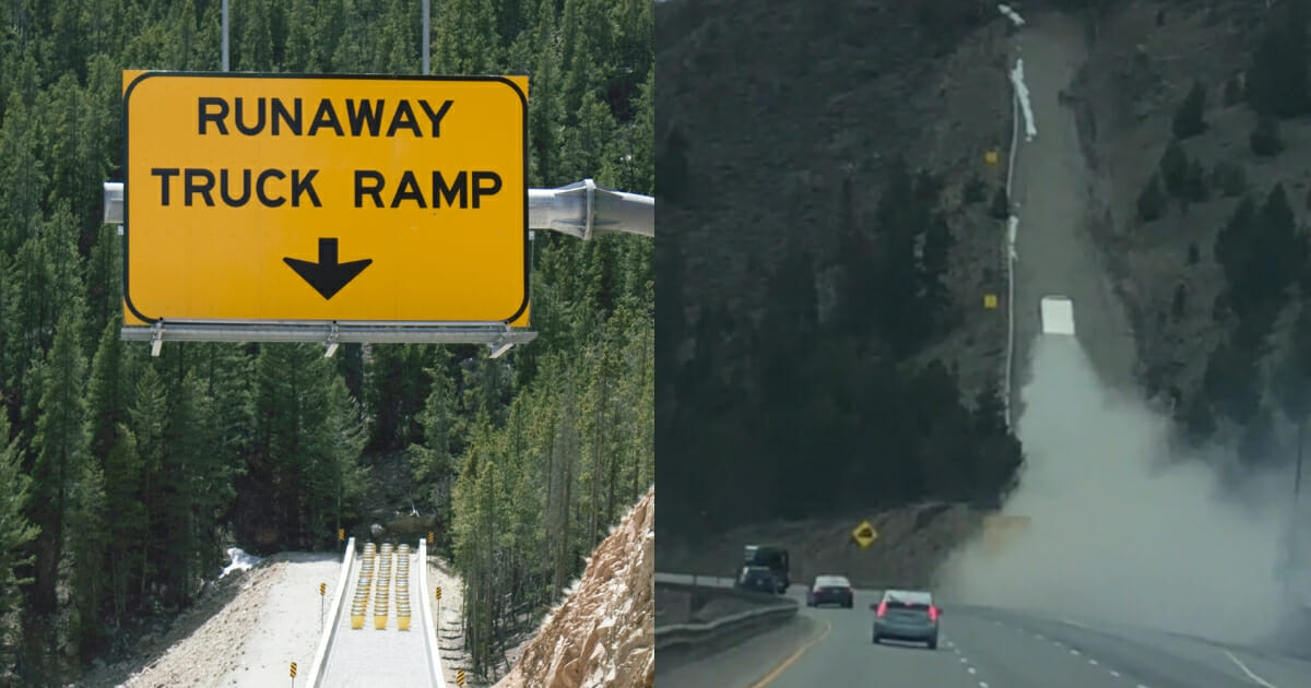 A runaway truck ramp sign and an image from the Silverthorne ramp.