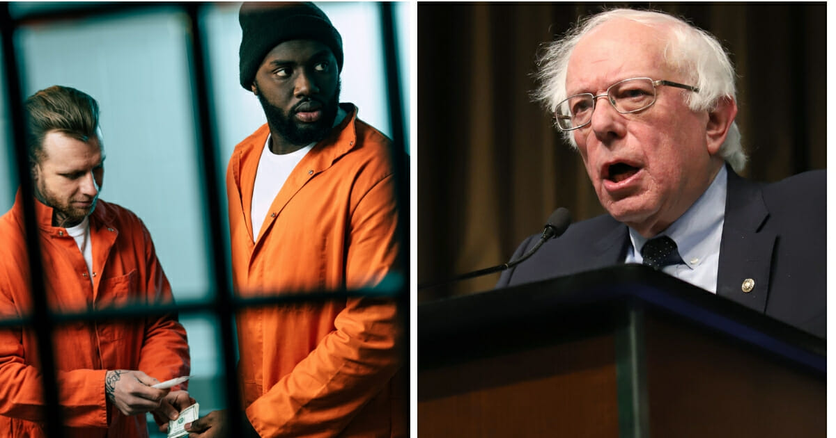 Prisoners behind bars, left; Sen. Bernie Sanders, right.