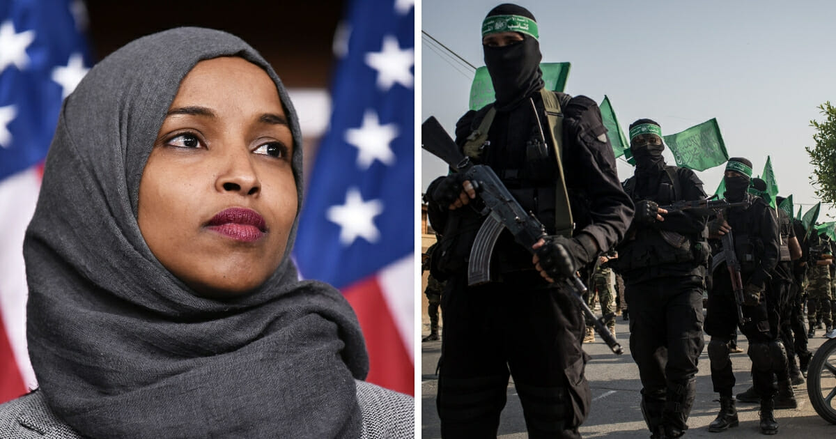 U.S. Rep. Ilhan Omar, left; Hamas terrorist fighters, right.