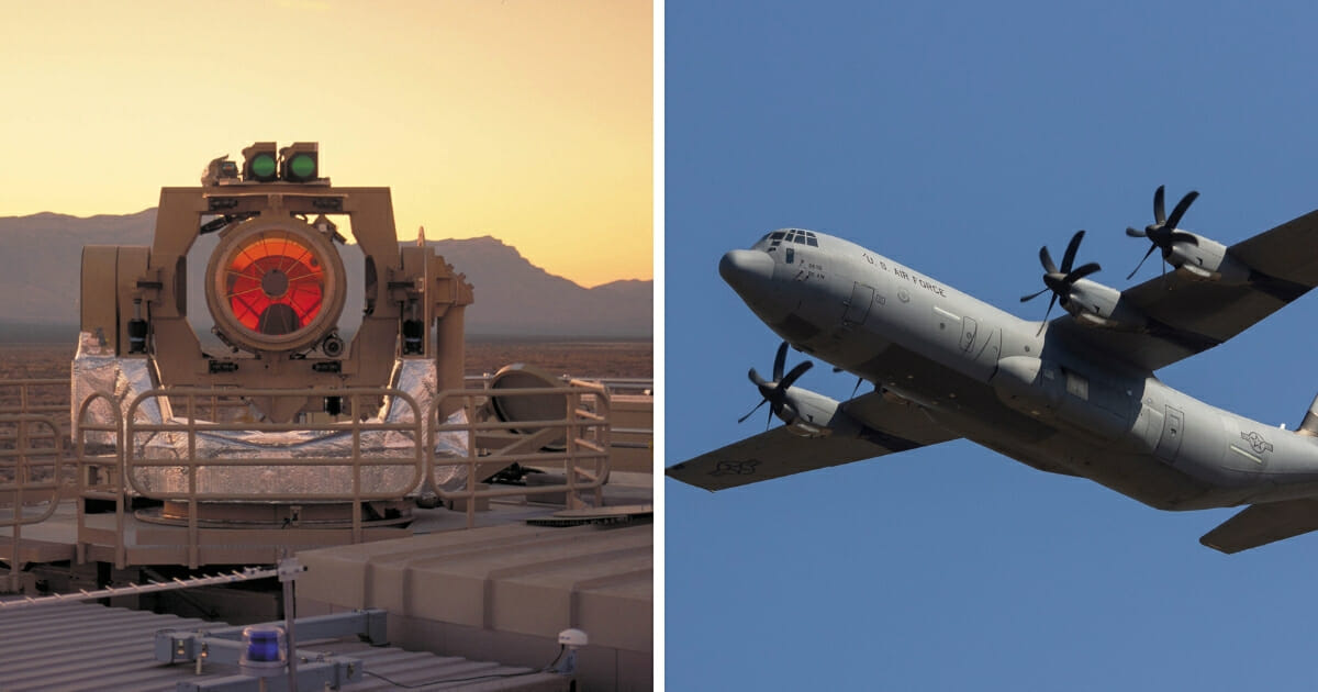 A ground-based laser battery, left; a C-130 in flight, right.