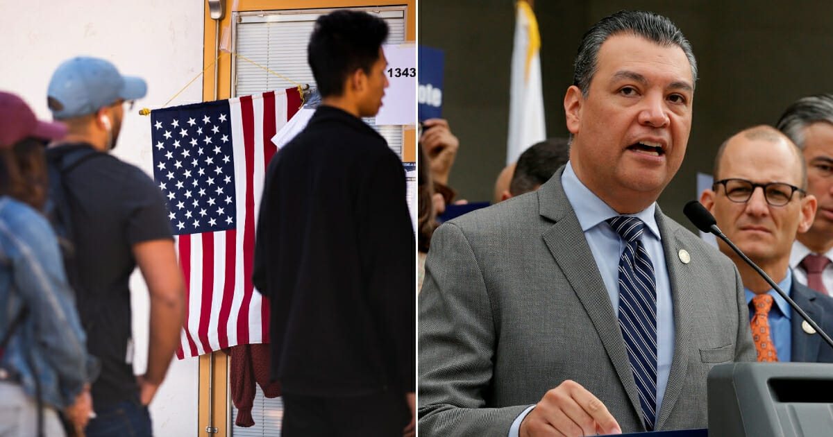 People waiting in line to vote; California Secretary of State Alex Padilla