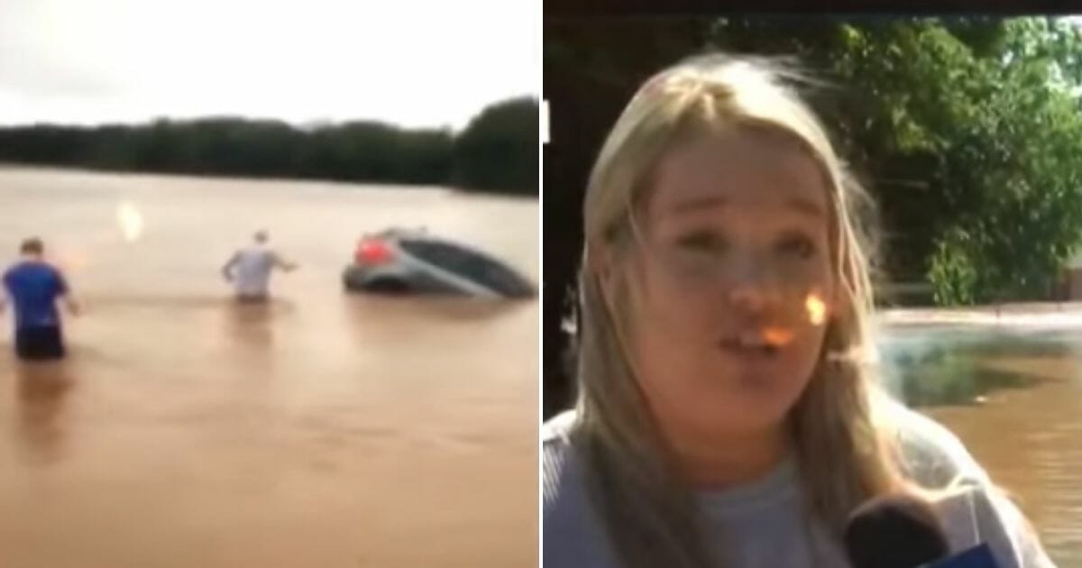 Car sinking, left, and woman being interviewed, right.