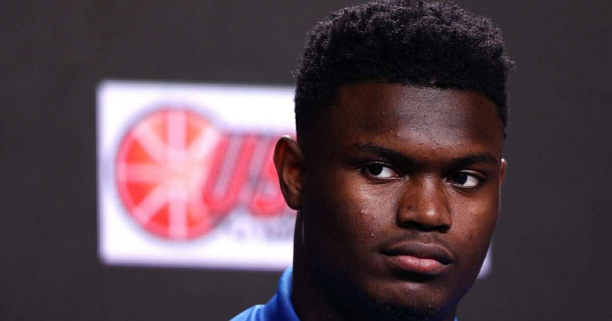 Zion Williamson listens at a news conference April 5, 2019, in Minneapolis.
