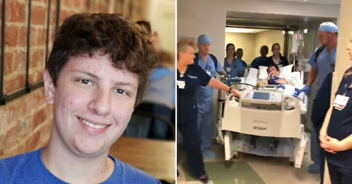 A boy healthy and smiling, left, and him being wheeled down hospital hall, right.