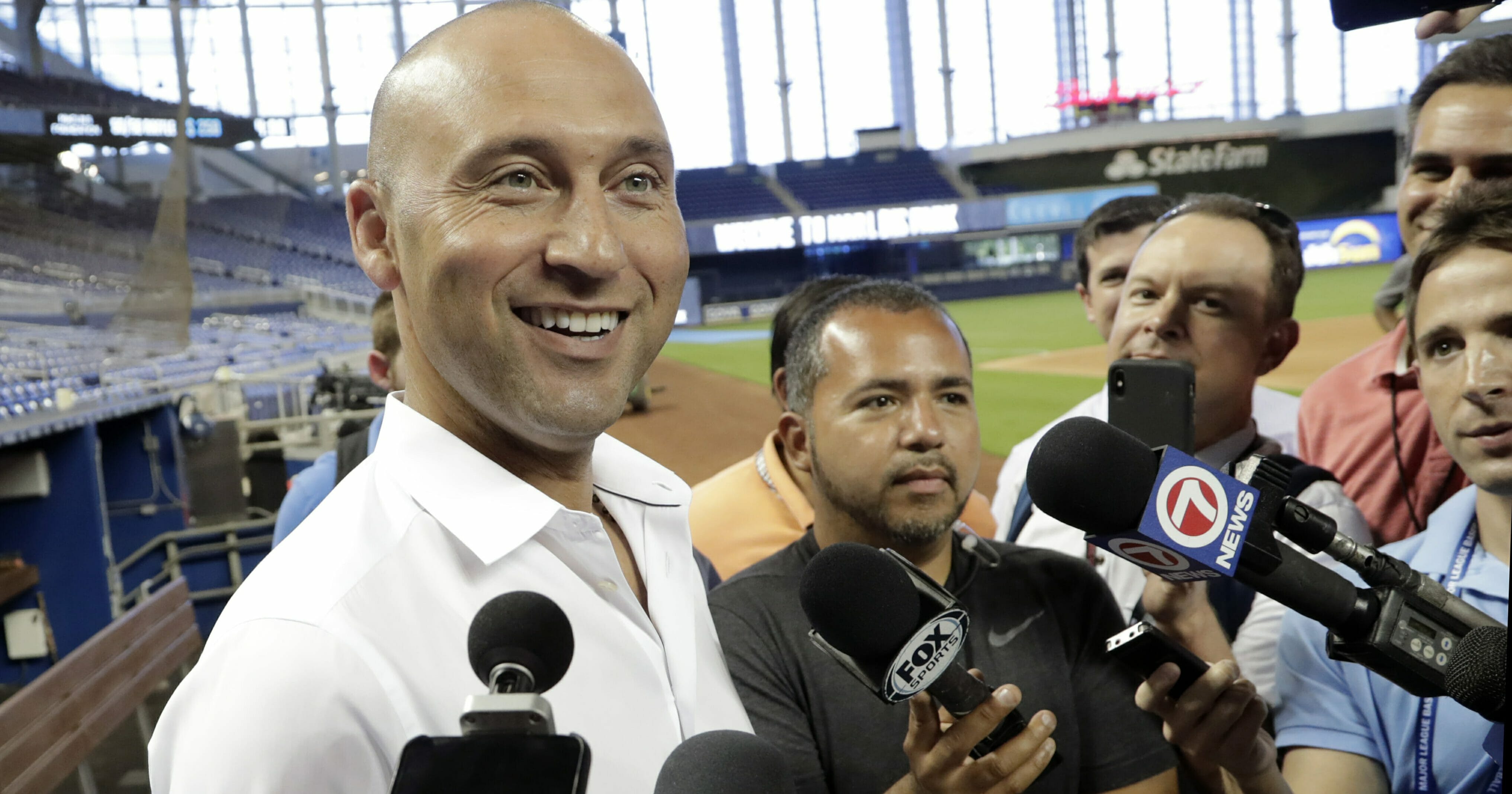 Miami Marlins CEO Derek Jeter talks with the media Friday, May 3, 2019, in Miami.