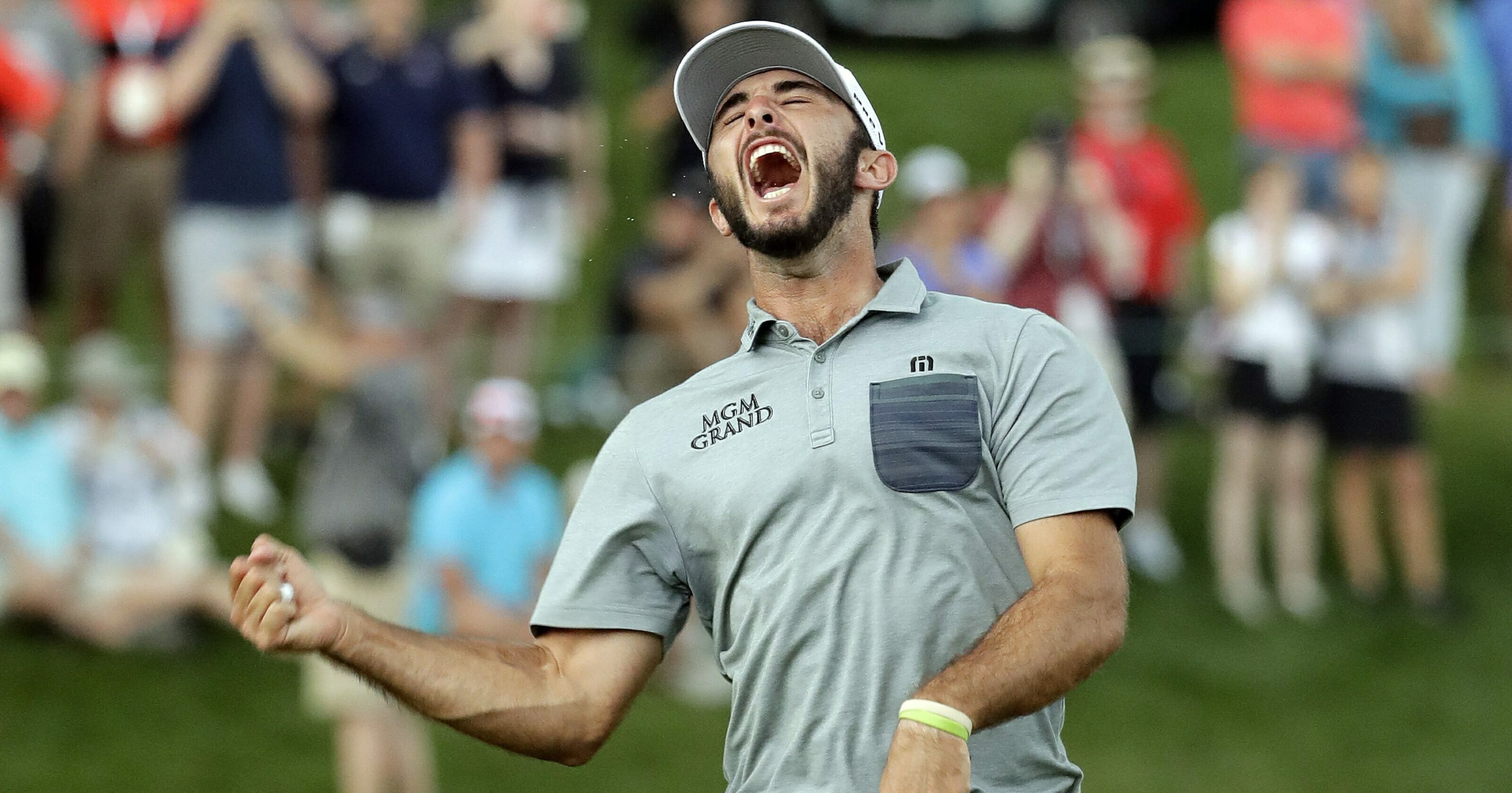 Max Homa celebrates after winning the Wells Fargo Championship.