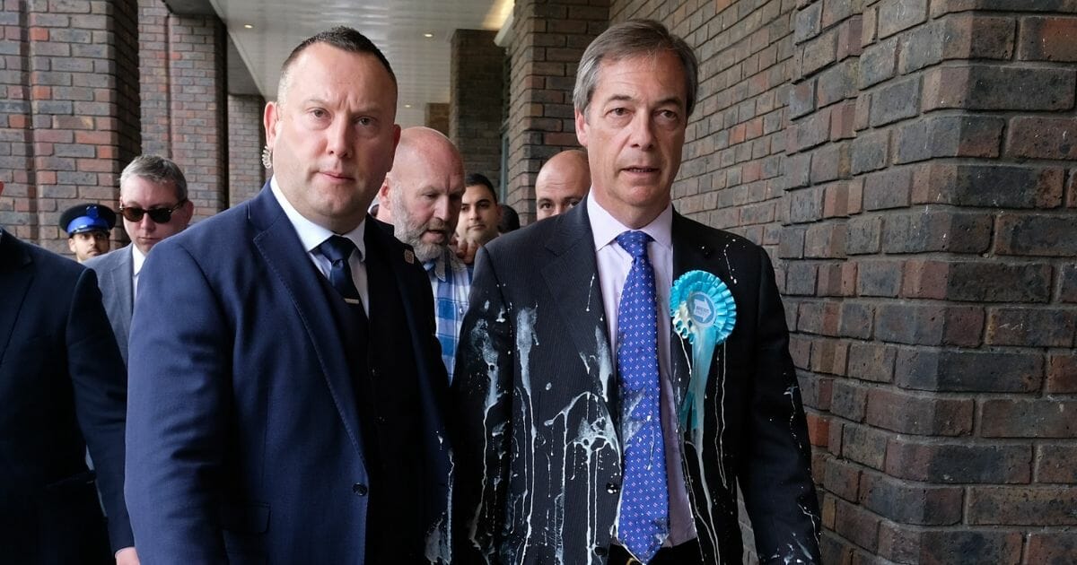 Brexit Party leader Nigel Farage in Newcastle Upon Tyne, England after having milkshake thrown over him.