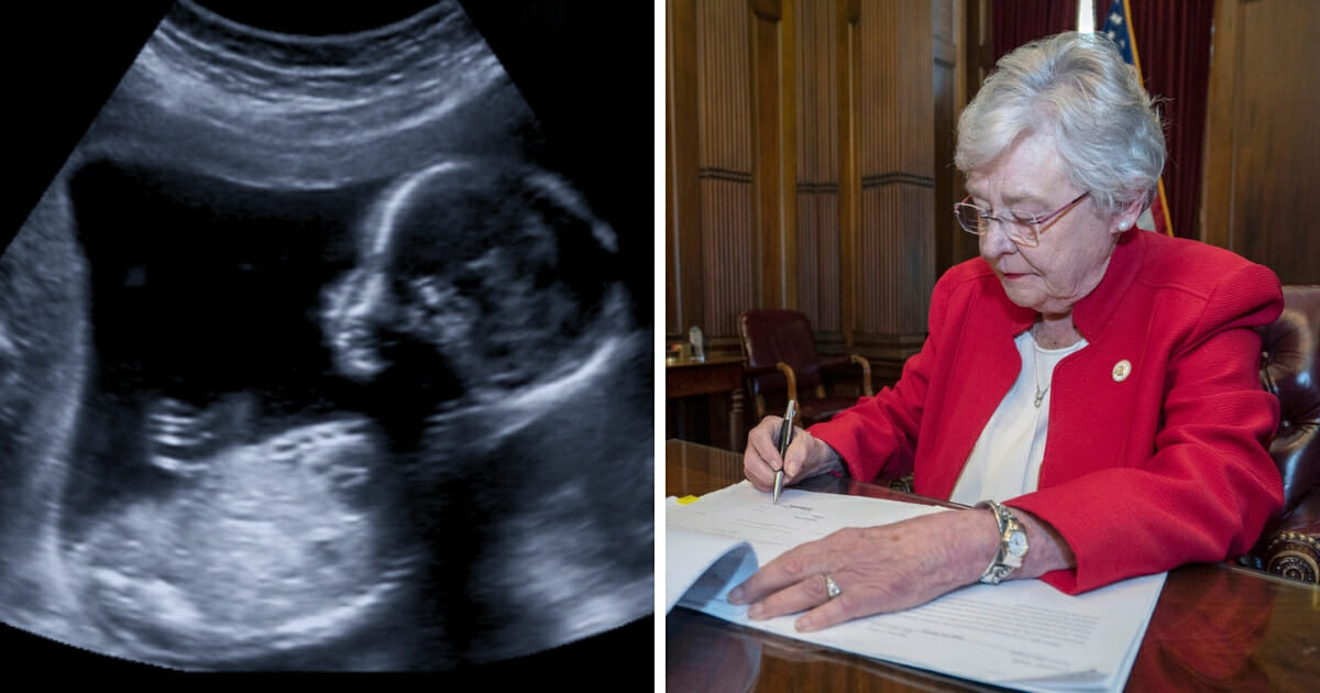 A sonogram, left, and Alabama Gov. Kay Ivey signing a bill, right.