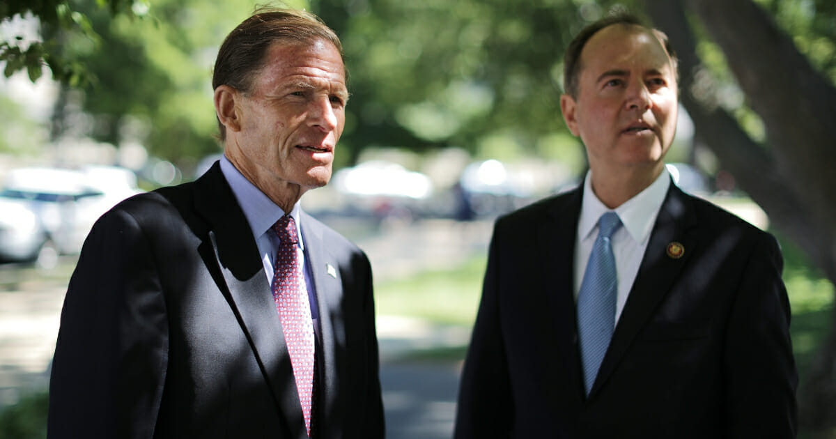 Democrat Sen. Richard Blumenthal of Connecticut, left, and Rep. Adam Schiff of California, right, prepare for a news conference to discuss the Equal Access to Justice for Victims of Gun Violence Act outside the U.S. Capitol on June 11, 2019 in Washington, D.C.