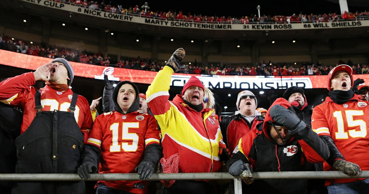 Fans at Arrowhead Stadium react after a call goes against the Kansas City Chiefs in the fourth quarter of the AFC championship game.