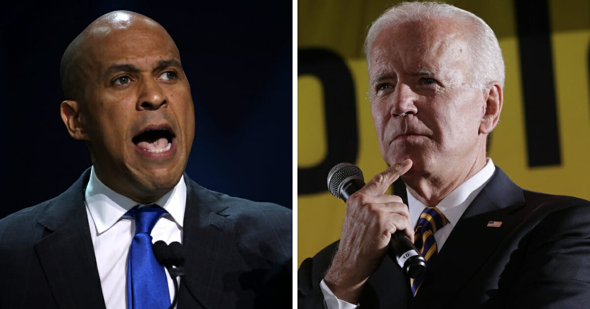 Sen Cory Booker of New Jersey, left, blasted fellow 2020 contender Joe Biden, right, on June 19, 2019, after the former vice president recounted his productive working relationships with two segregationist senators.
