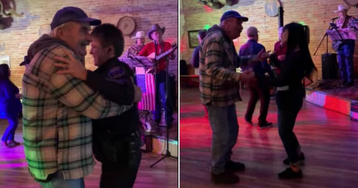 Police officer dancing with old man, left, and waitress dancing with old man, right.