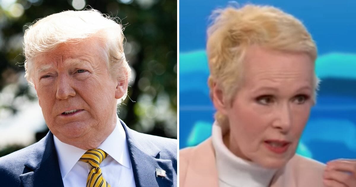 President Donald Trump speaks to the media prior to departing on Marine One from the South Lawn of the White House in Washington, D.C., June 22, 2019, left. E. Jean Carroll speaks to Anderson Cooper, right.