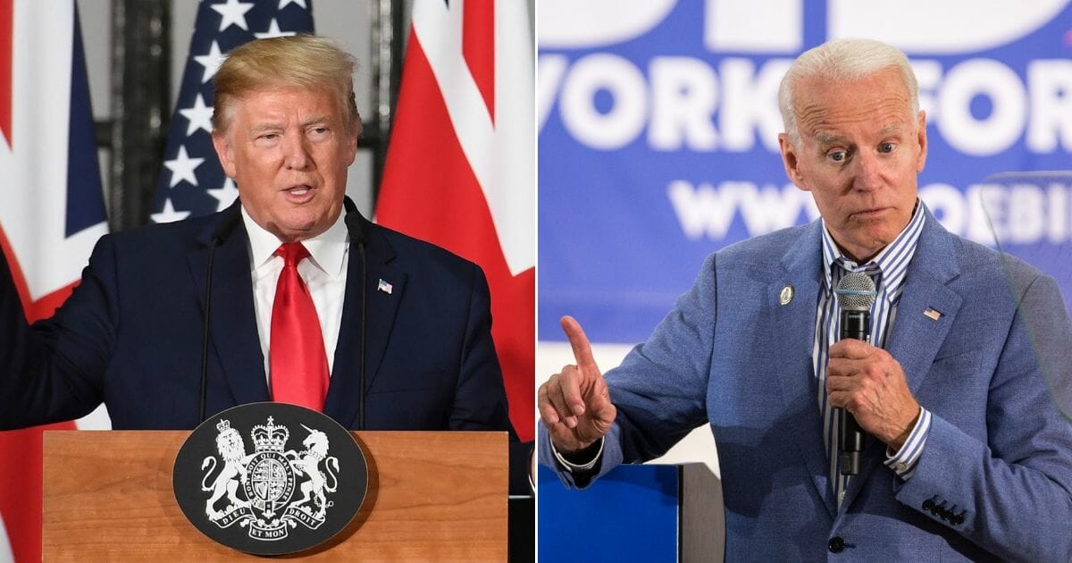 President Donald Trump attends a joint media conference with Prime Minister Theresa May at the Foreign & Commonwealth Office during the second day of his State Visit on June 4, 2019, in London, England, right. Former Vice President and Democratic presidential candidate Joe Biden holds a campaign event at the IBEW Local 490 on June 4, 2019, in Concord, New Hampshire, left.