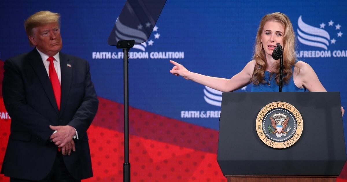 Cancer activist Natalie Harp speaks after being called on stage by U.S. President Donald Trump during the Faith & Freedom Coalition 2019 Road To Majority Policy Conference at the Marriott Wardman Park Hotel, on June 26, 2019, in Washington, D.C.