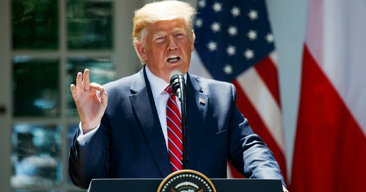 President Donald Trump speaks during a new conference with Polish President Andrzej Duda in the Rose Garden of the White House on June 12, 2019, in Washington.