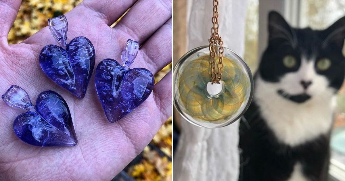 Glass hearts, left, and glass donut, right