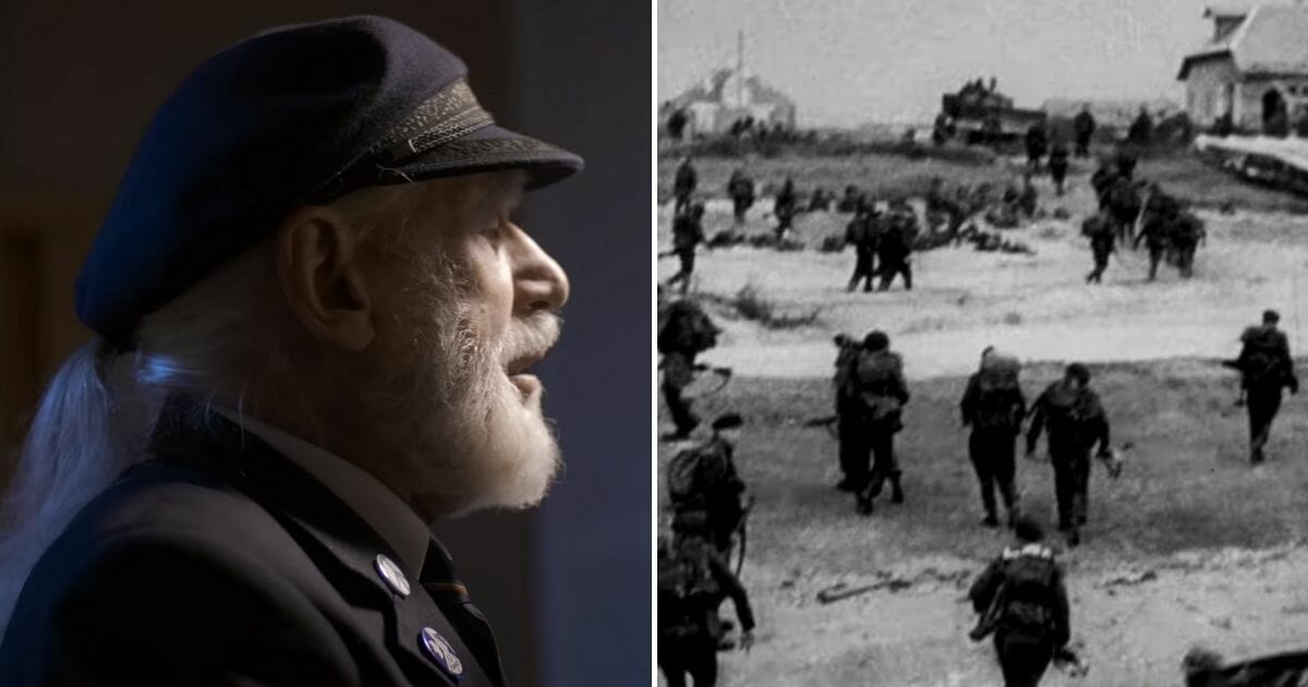 Jim Radford, left, and D-Day footage, right.