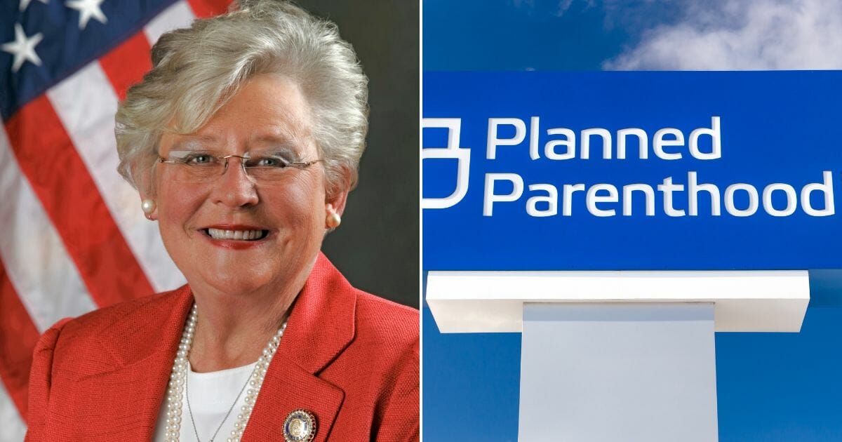 Gov. Kay Ivey, left, and Planned Parenthood sign, right.