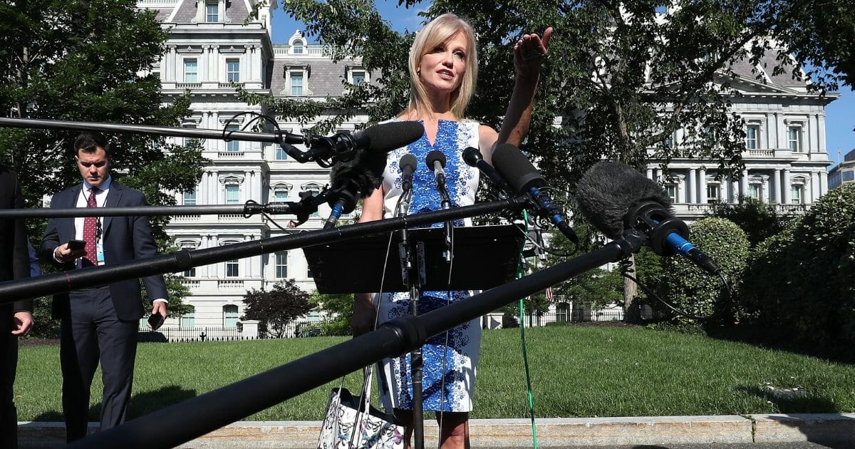 Kellyanne Conway speaks to the media on June 24, 2019, in Washington, D.C.