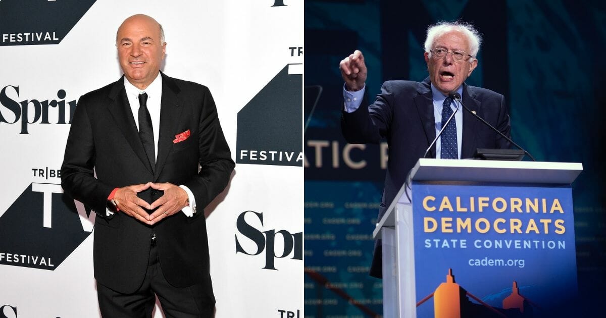 Kevin O'Leary attends the Tribeca Talks Panel: 10 Years Of 'Shark Tank' during the 2018 Tribeca TV Festival at Spring Studios on Sept.23, 2018, in New York City, left. Democratic presidential candidate Bernie Sanders speaks during the 2019 California Democratic Party State Convention at Moscone Center in San Francisco, California on June 2, 2019, right.