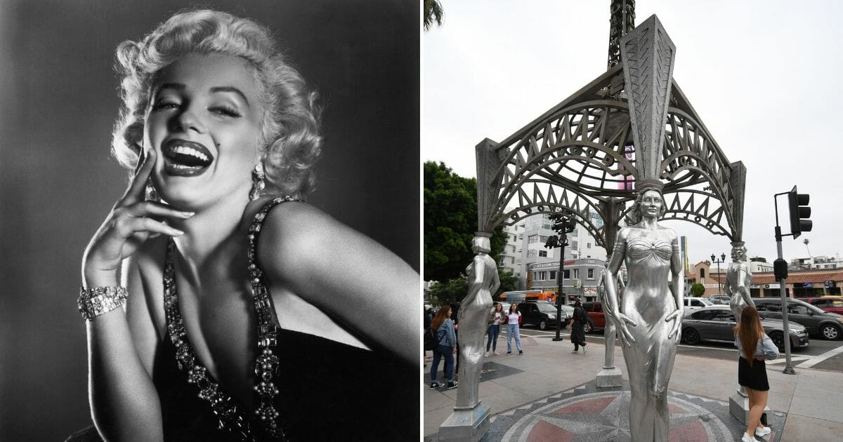 Half-length portrait of Marilyn Monroe, left, and the "Ladies of Hollywood Gazebo" in Hollywood, California, on June 18, 2019, right.
