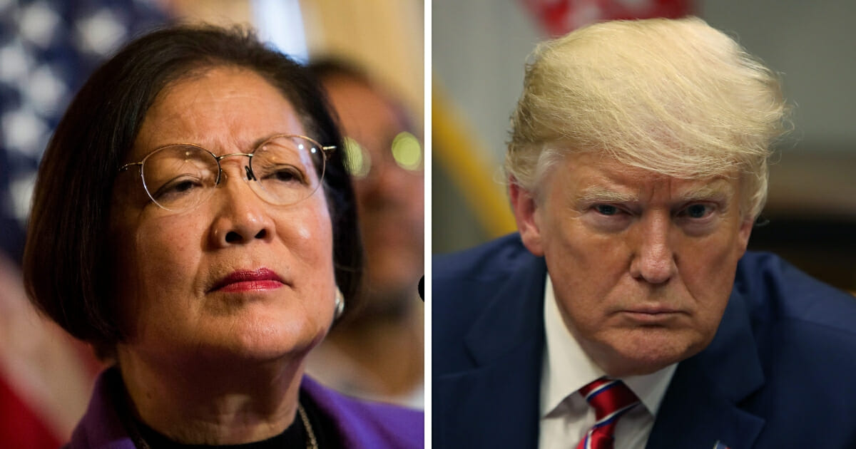 Hawaii Democrat Sen. Mazie Hirono, left, said in an interview on June 19, 2019 she believes it would be appropriate for President Donald Trump, right, to be prosecuted once he leaves office.
