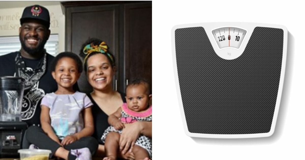McGee with his family, left, and a scale, right.