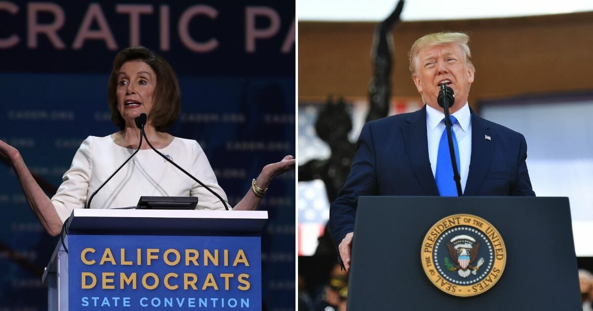 House Speaker Nancy Pelosi speaks during the California Democrats 2019 State Convention on June 1, 2019, left. President Donald Trump delivers a speech during a French-U.S. ceremony at the Normandy American Cemetery and Memorial on June 6, 2019, right.