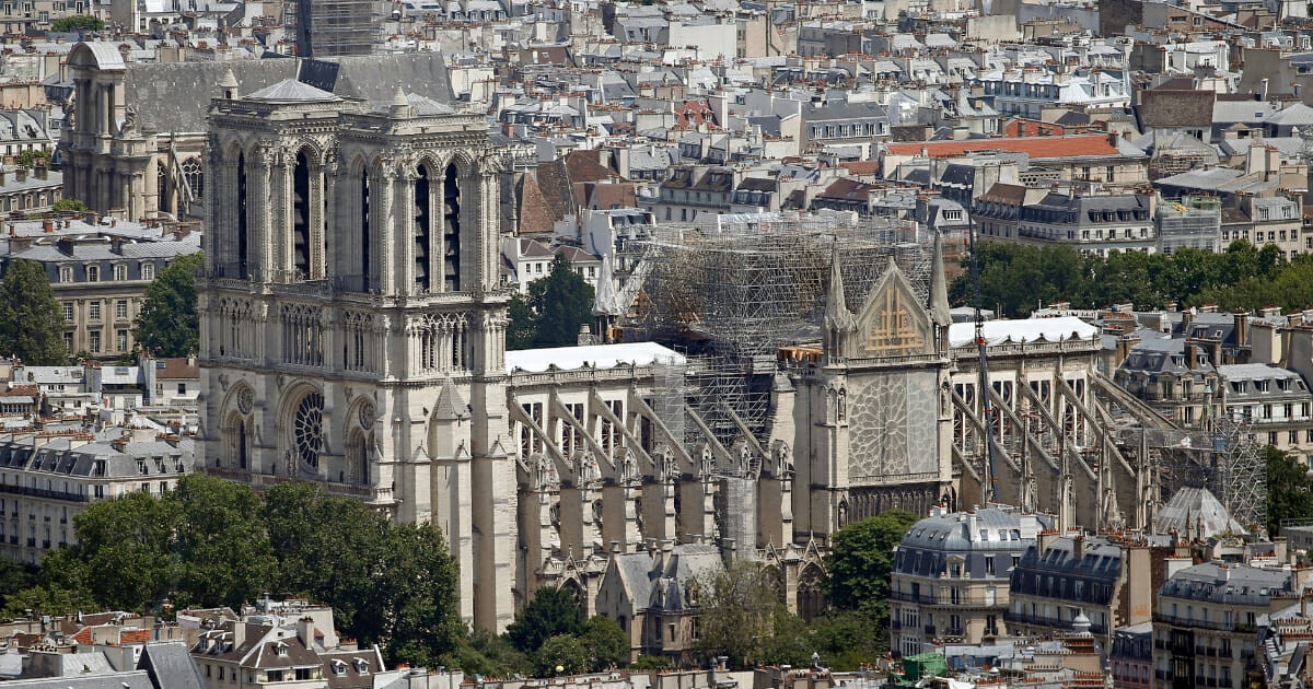 The Notre Dame cathedral is seen from the Montparnasse tower two months after the massive fire which ravaged the world-famous monument on June 14, 2019, in Paris, France.