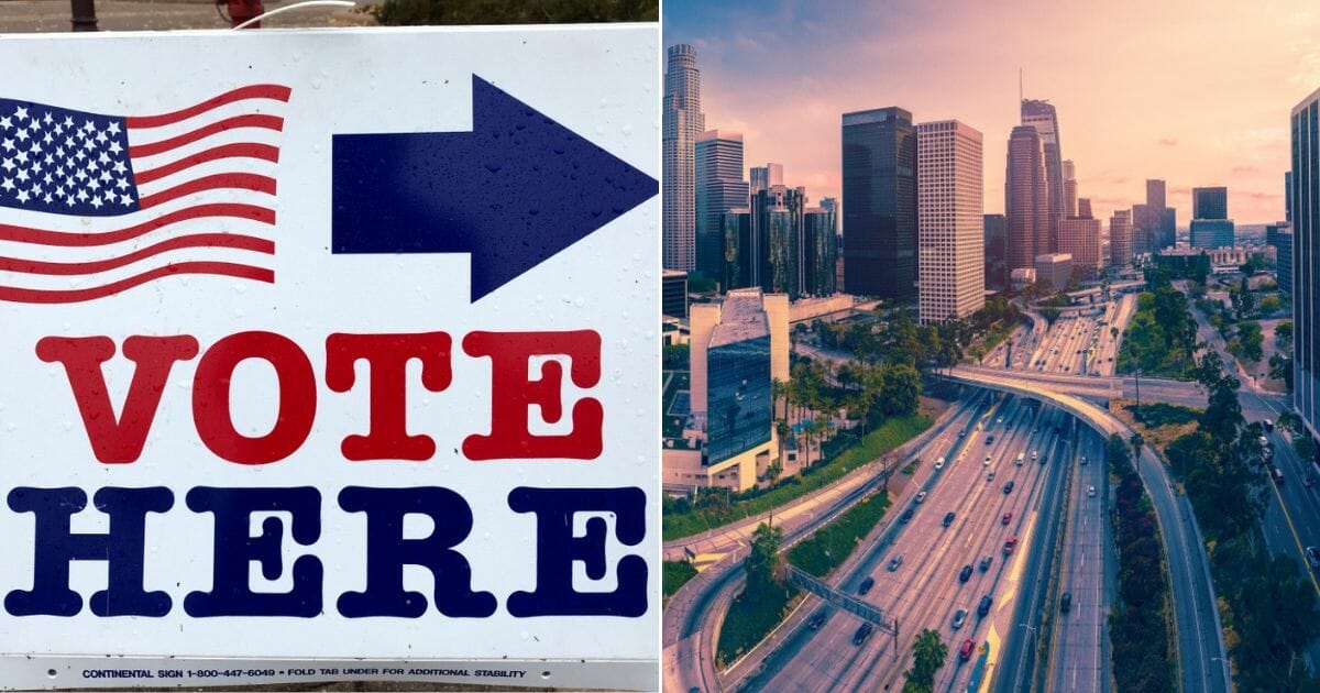 A sign welcomes registered voters; the Los Angeles skyline