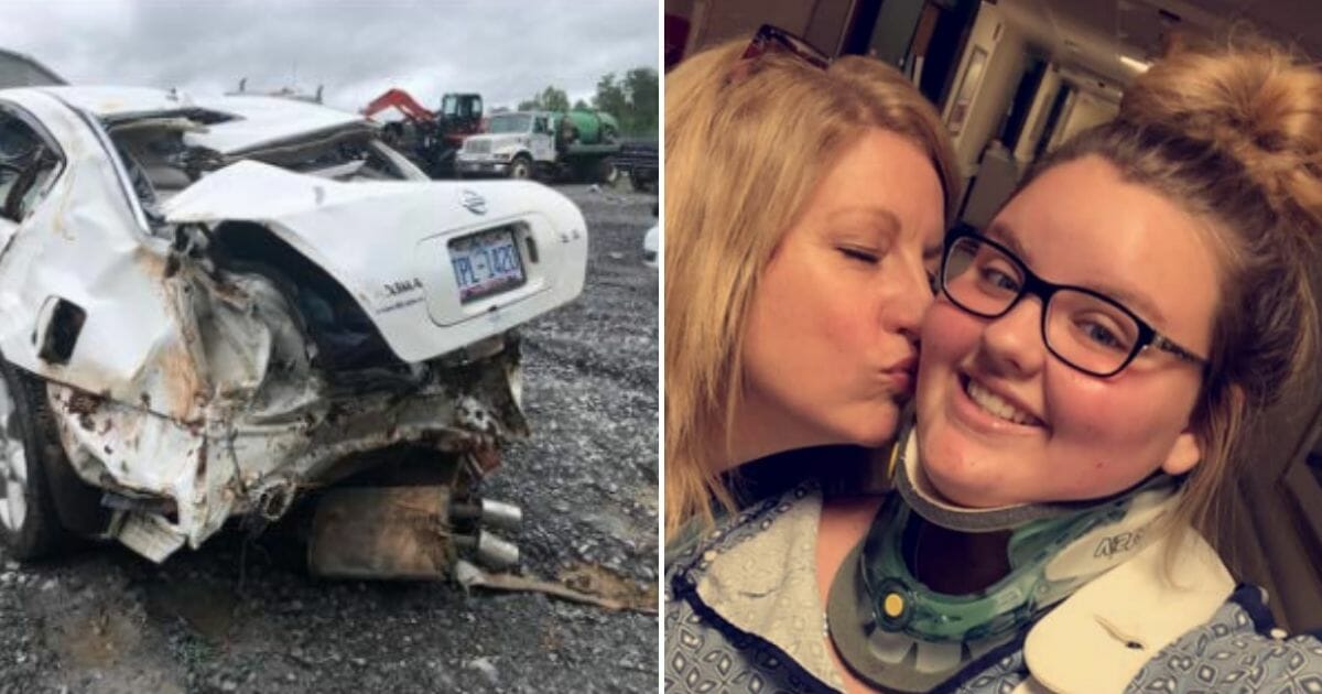 Picture of wrecked car, left, and teen with mom, right.