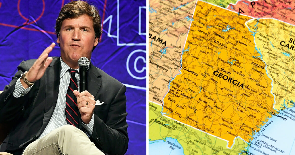 As Tucker Carlson, left, pointed out on his Fox News show this week, there's a certain hypocrisy when major corporations try to impose their will on a state like Georgia, right, because that state dared to pass a pro-life law.