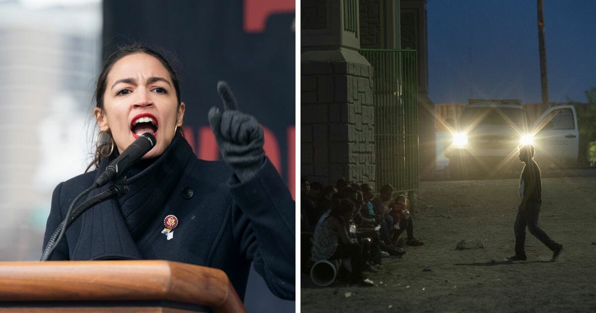 Rep. Alexandria Ocasio-Cortez, right, speaks at Women's Unity Rally in New York City; at right, migrants wait to be transferred to a processing facility
