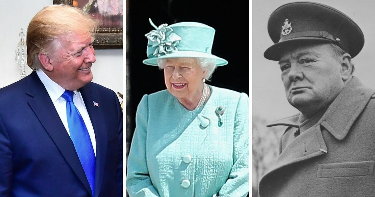 President Donald Trump, left; Queen Elizabeth II, center; Winston Churchill, right.