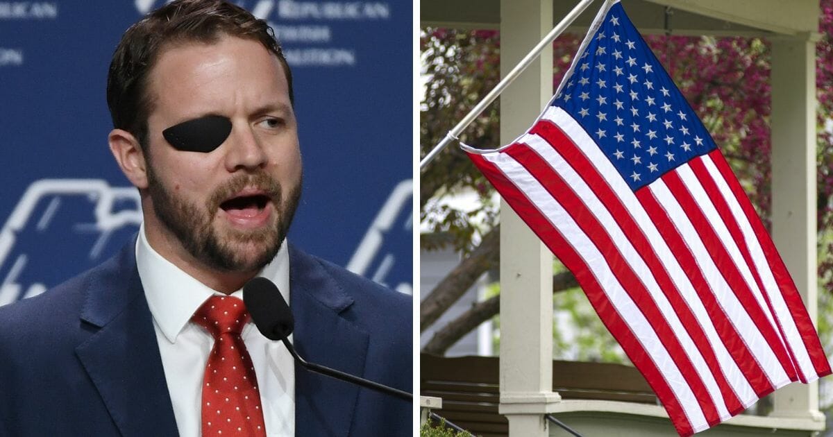 Rep. Dan Crenshaw, left; and an American flag, right.