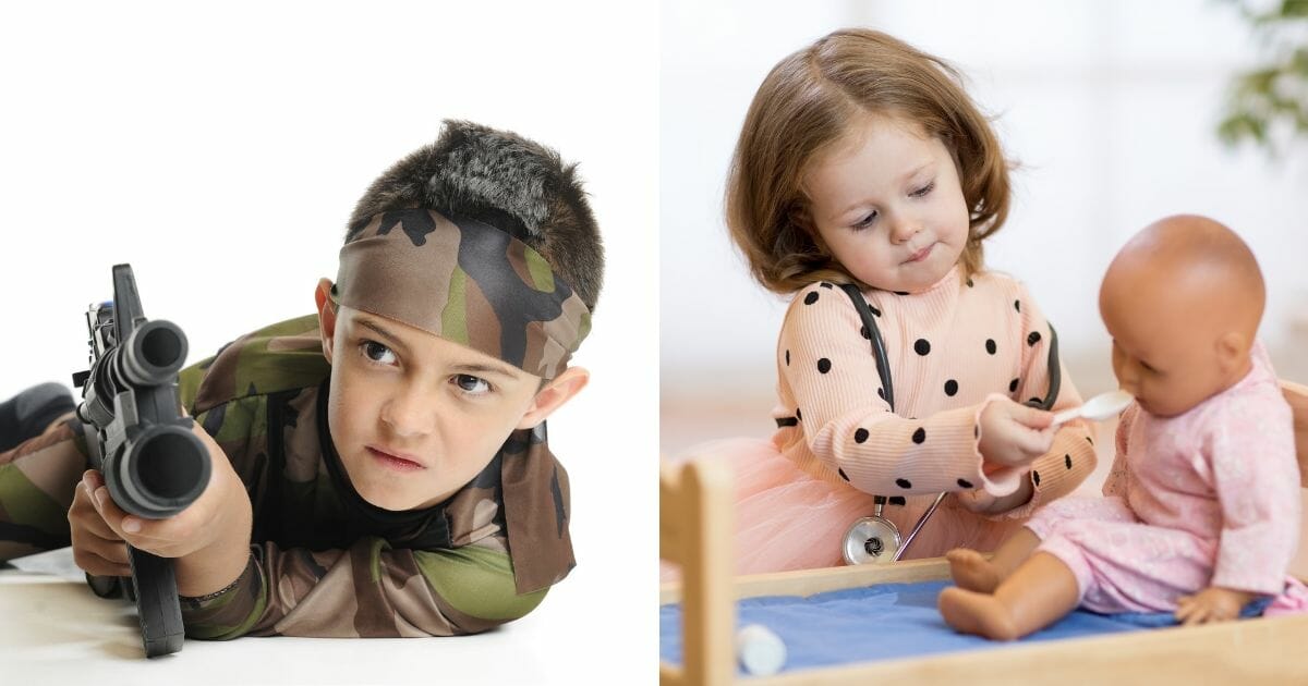 Image of boy with toy gun next to image of girl with doll.