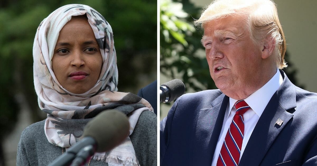Rep. Ilhan Omar, left; and President Donald Trump, right.