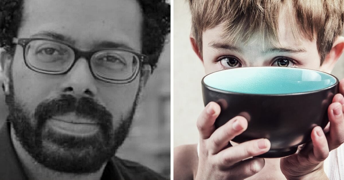 Journalist Nicholas Powers, left, and stock photo of white child begging, right.