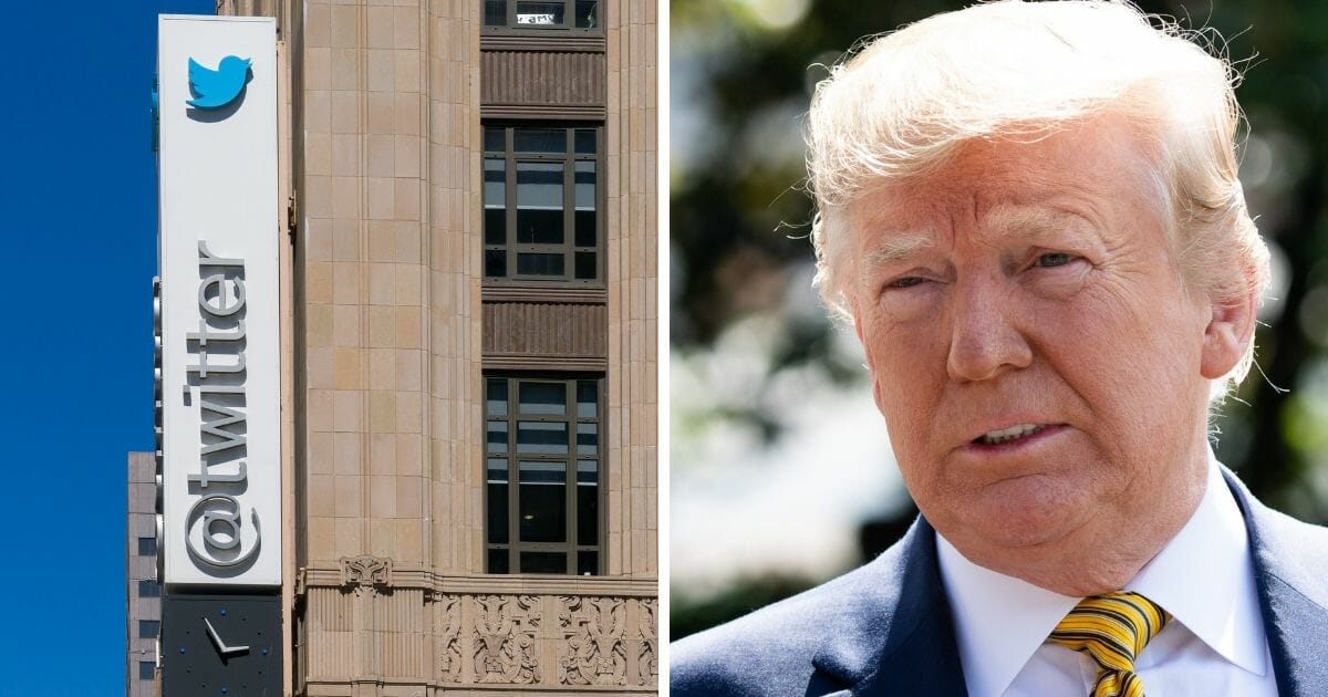 Twitter headquarters in San Francisco, left; President Donald Trump, right.