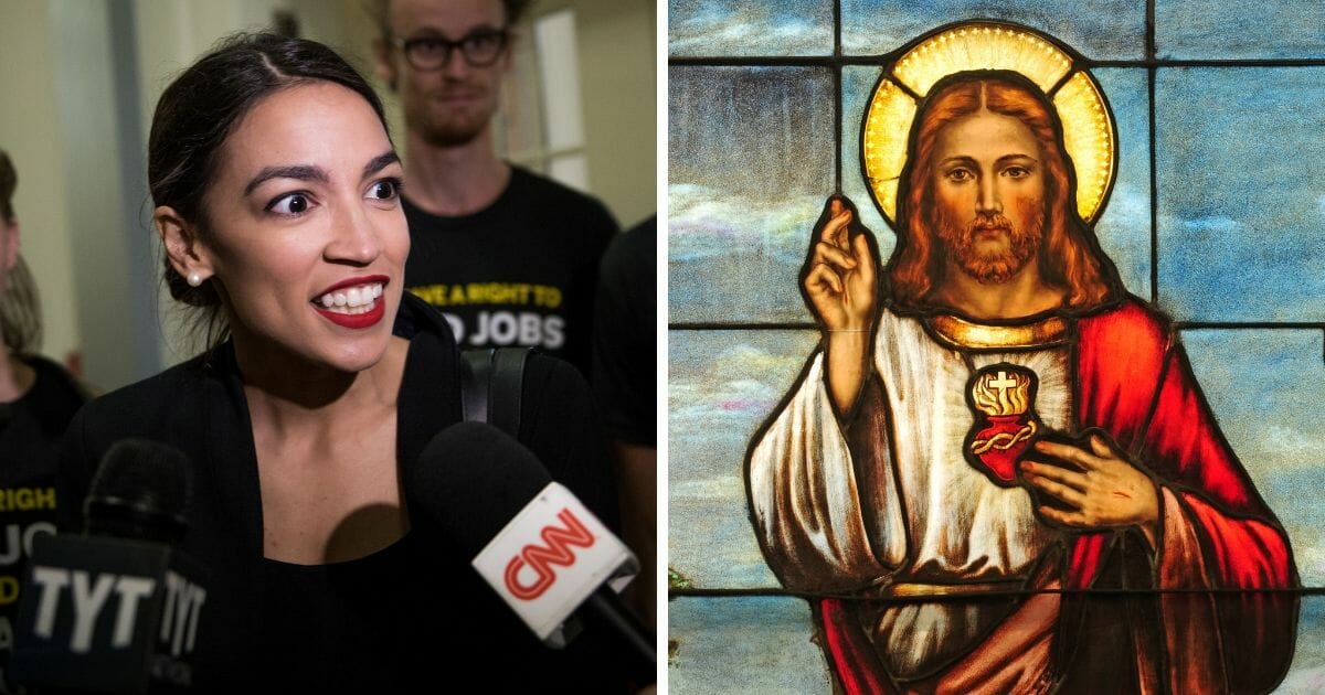 Rep. Alexandria Ocasio-Cortez, left; stained glass image of Jesus, right.