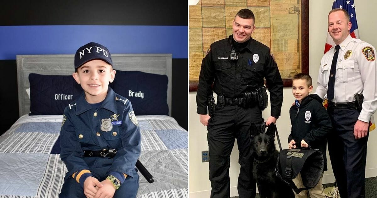 A young boy sits on a bed, left, and poses with police officers and police dog, right.