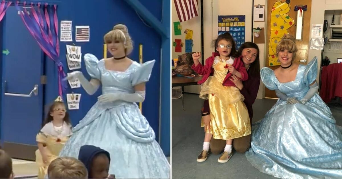 Cinderella using sign language, left, and her posing with a deaf student, right.