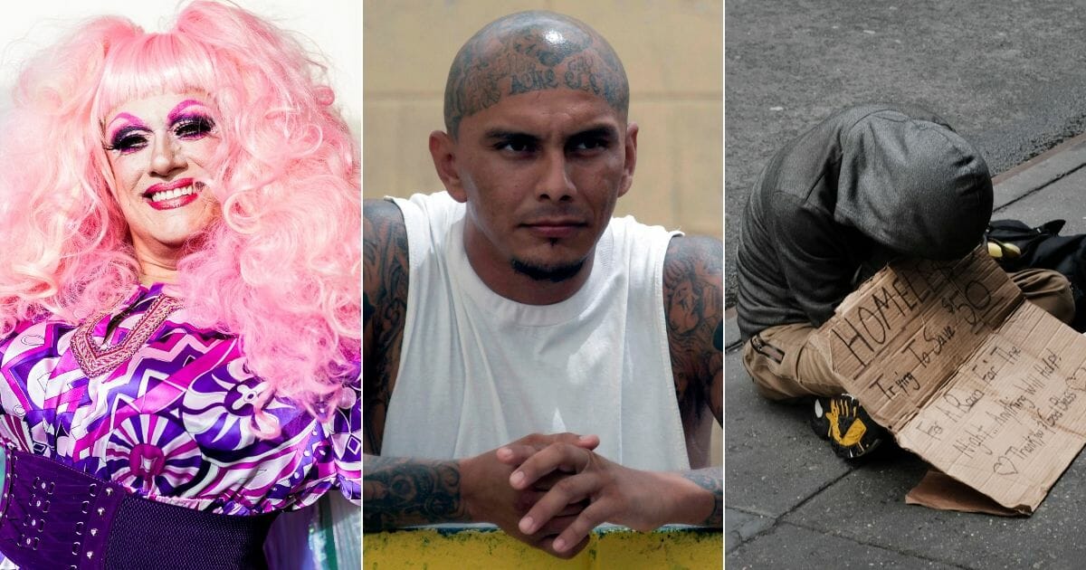 Drag queen; MS-13 gang member; homeless man.