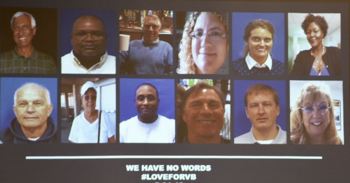 A slide of the victims in the May 31, 2019 mass shooting at a Virginia, Beach, Virginia, municipal building is shown during a news conference on June 1, 2019.
